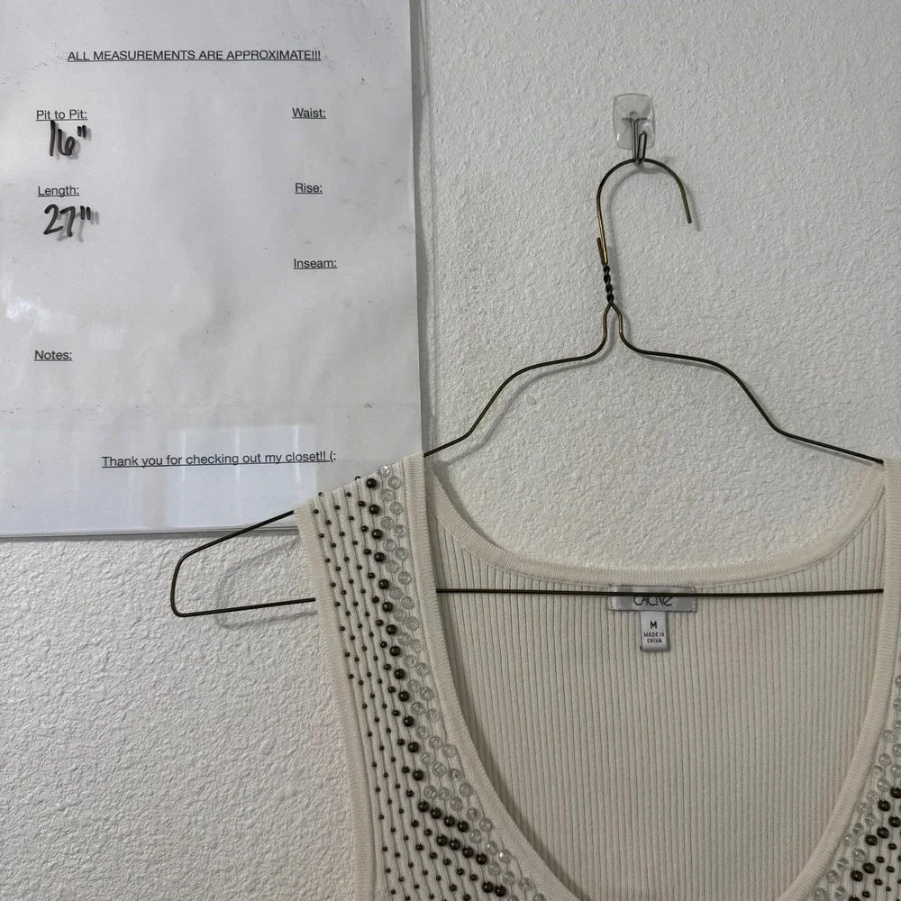 VTG Cache Tank Top Womens M Ivory Ribbed Knit Beaded V-Neck Sleeveless‎ Cocktail